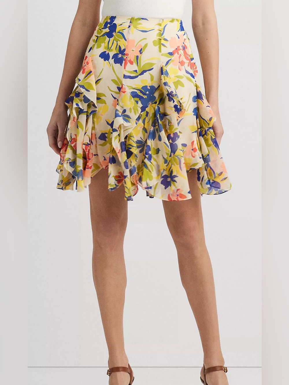 Lauren Ralph Lauren Size 16 Womens Floral Ruffle Crinkle Georgette Skirt New